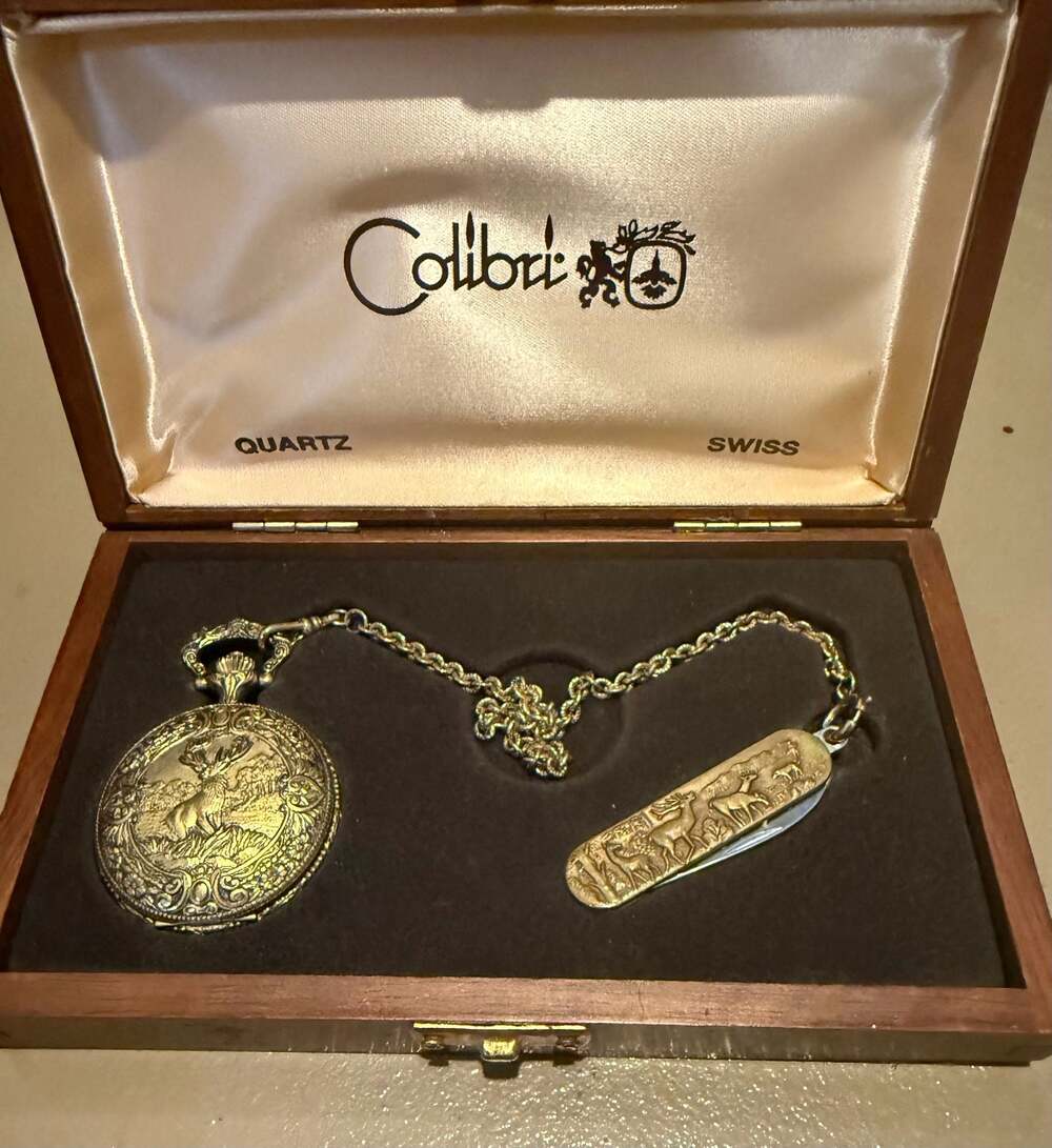 Colibri Swiss Quartz Pocket Watch and Knife Set, Deer Motif Original Wooden Box
